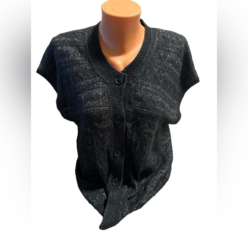 Frank Walder Women's Short Sleeve Button Up Cardigan Spotted Dark Gray Size 12